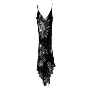 VTG 90s Cache monochrome asymmetrical beaded Floral Silk Gothic fairy dress